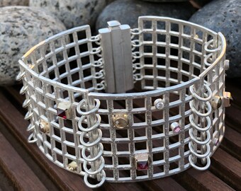 Grid Bracelet in Sterling Silver w/ 14kt Gold Bezels, Diamonds, Garnets, Spinels & Sapphires