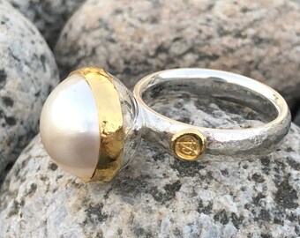 Mabé Pearl Stacking Ring 24kt Solid Gold Bezel & Sterling Silver