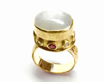 Gray Star Sapphire, Red Natural Spinel and Diamond ARTiFACTORY Byzantine Inspired 18k/24k Ring