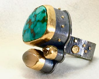 CHUNKY FUNKY Ring with Turquoise, Citrine & Golden Moonstone in Blackened Textured Sterling Silver and 24k Gold Bezels, Beads, Logo