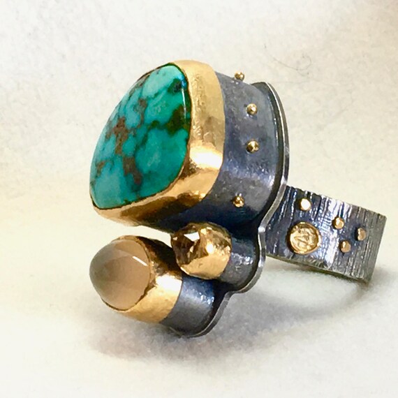 CHUNKY FUNKY Ring with Turquoise, Citrine & Golden Moonstone in Blackened Textured Sterling Silver and 24k Gold Bezels, Beads, Logo