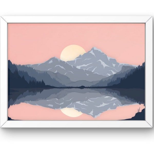 Abendrot über Bergketten - Hochauflösendes digitales Bild zum Download - 2D Flache Illustration - Farbig -Komplementärfarben