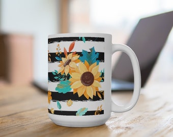 black and white striped sunflower large Ceramic Mug 15oz