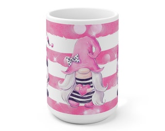 Pink Stripe Valentine Gnome Ceramic Mug 15oz