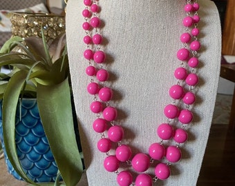 Vintage Hot Pink Double Stranded Plastic Beaded Necklace