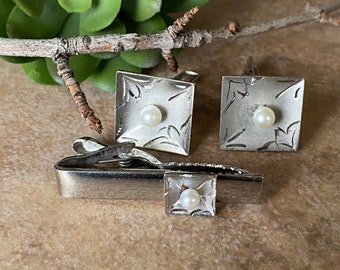 Vintage Sterling and Genuine Pearl Men’s Cuff Links & Tie Bar Set