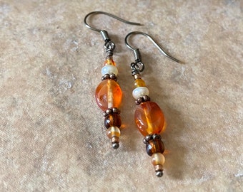 Vintage Dangle Pearl, Carnelian and Beaded Pierced Earrings