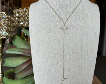 Sterling Silver, Genuine Diamond and Vermeil Gold Y Star & Moon Sliver Necklace