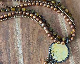 Silpada Pearls ,Tigers Eye & Sterling Silver Vintage Beaded Necklace and Pendant