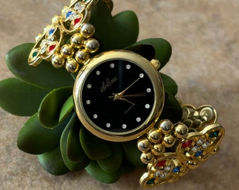 Vintage Solina Colorful Rhinestone Heart Gold Plated Women’s Wrist Watch, Rare 80’s