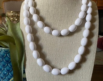 Vintage White Plastic Beaded Long Necklace