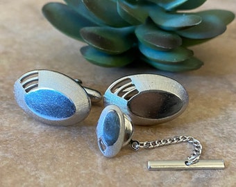 Vintage Silver Tone Swank Oval Cuff Link & Tie Pin Set