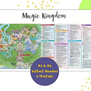 Puede incluir: Un mapa detallado de Magic Kingdom, con varias tierras temáticas y atracciones. El mapa está rodeado por un borde blanco e incluye el texto "Magic Kingdom" en la parte superior. Un círculo púrpura en la parte inferior contiene el texto "A3 & A4 instant Download & Printable".