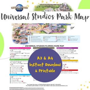 May include: A Universal Studios Florida Park Map with a detailed layout of the park, including attractions and zones. The map is labeled with the text "Universal Studios Park Map" and includes a circular graphic that says "A3 & A4 instant Download & Printable."