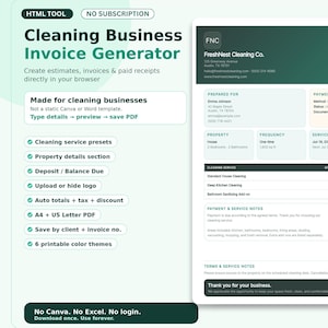 May include: A digital cleaning business invoice generator tool featuring a dark green and white interface. The layout displays a sample invoice for FreshNest Cleaning Co. with fields for client details, service dates, payment totals, and service notes.