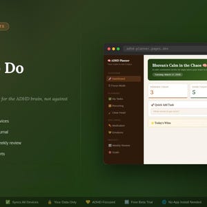 May include: ADHD To Do Planner interface on a dark green background. The interface shows a dashboard with task tracking and a journal. The text includes "Cloud sync," "Medication tracker," and "Brain dump." A brain icon is at the top.