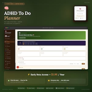 Planificador para TDAH / Gestor de tareas / Registro de estado de ánimo / Registro de medicación / Descarga de ideas / Lista de tareas / Planificador diario / Neurodivergente / Planificador digital / Aplicación web