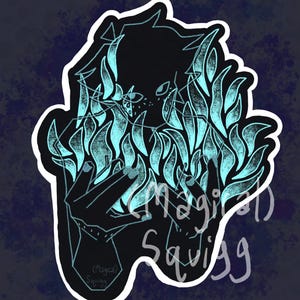 May include: A black silhouette of a figure with blue flames surrounding it. The figure has a hand raised in front of its face. The flames are textured and have a glittery effect. The text "Magical Squigg" is written in white on the bottom right of the image.