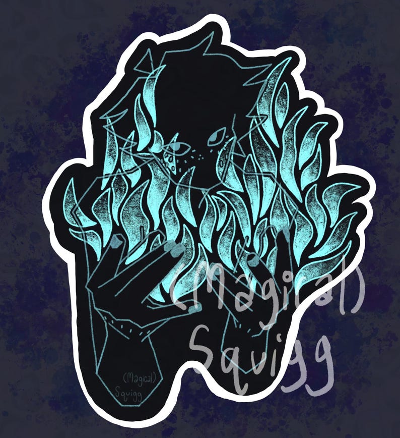 May include: A black silhouette of a figure with blue flames surrounding it. The figure has a hand raised in front of its face. The flames are textured and have a glittery effect. The text "Magical Squigg" is written in white on the bottom right of the image.