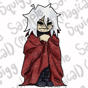 May include: A cartoon character with white hair and a red cloak. The character has a worried expression and is holding the cloak close to their body.