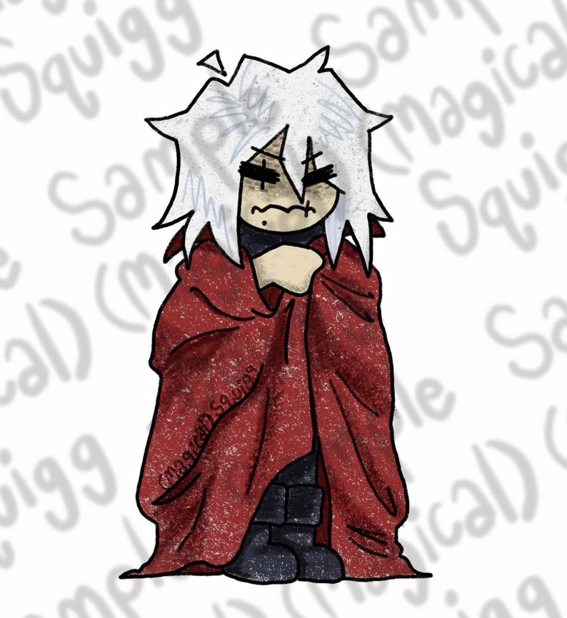 May include: A cartoon character with white hair and a red cloak. The character has a worried expression and is holding the cloak close to their body.