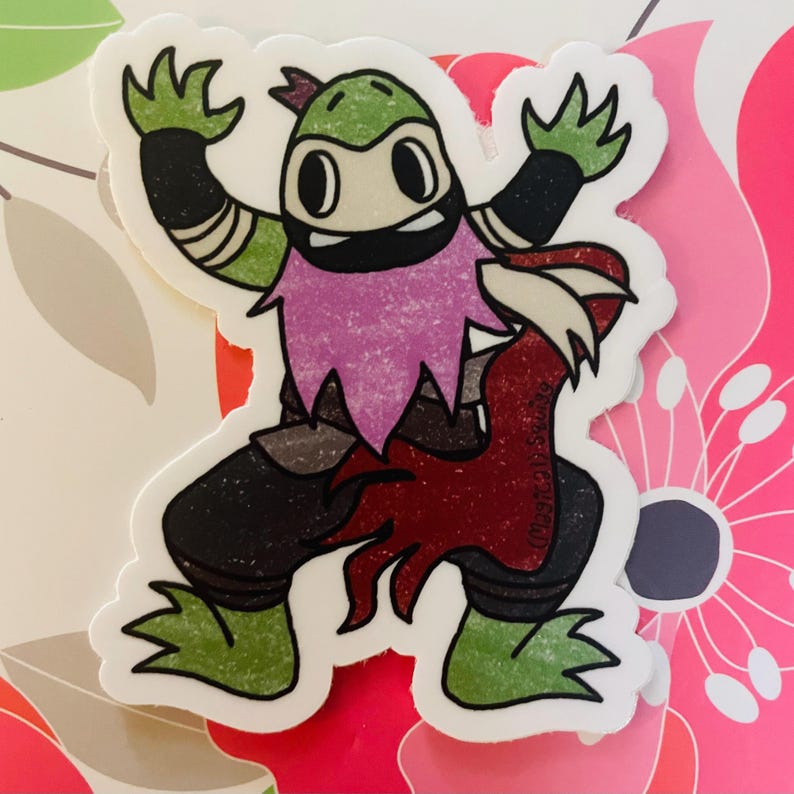 May include: A green and brown cartoon character with a pink beard and red claws. The character is wearing a black mask and has large eyes. The character is in a fighting pose.