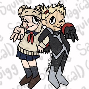 May include: A cartoon illustration of two characters, one with blonde hair and the other with brown hair, both wearing casual clothing. The blonde character is wearing a black and white outfit with a red accent, and the brown haired character is wearing a white and blue outfit with a red accent. The characters are both smiling and looking at the viewer.