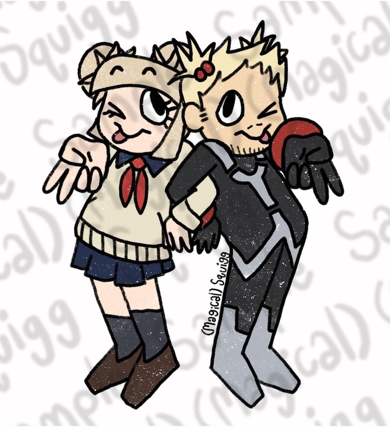 May include: A cartoon illustration of two characters, one with blonde hair and the other with brown hair, both wearing casual clothing. The blonde character is wearing a black and white outfit with a red accent, and the brown haired character is wearing a white and blue outfit with a red accent. The characters are both smiling and looking at the viewer.