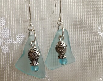 Aqua beach glass earrings fish charm with silver plated wires,  vintage broken mason jar glass, pastel seaglass inspired