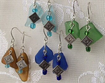 blue brown green or teal tumbled glass earrings embellished with fare trade metal beads with silver plated wires, seaglass inspired