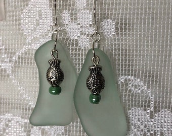 seafoam beach glass earrings fish charm with silver plated wires,  vintage broken coke bottle glass, seaglass inspired