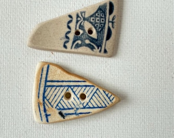 1 artisan button, sea pottery inspired button, blue and cream rescued broken pottery.  broken china button, toggle. Hand crafted button.