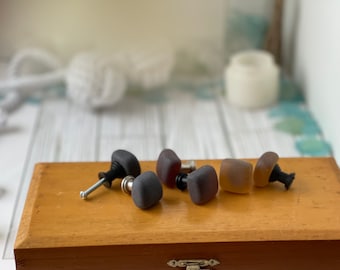 Rootbeer brown seaglass inspired vintage glass drawer cupboard pull knob.  Handmade handle for diy updating furniture or kitchen bath.