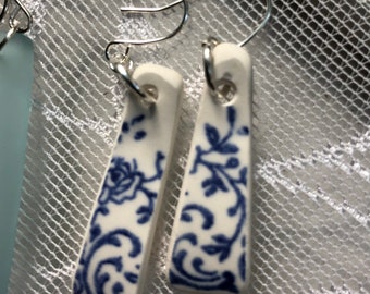 Broken China earrings, sea glass style earrings vintage blue floral transferware   Handmade by me.