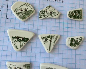 1 artisan button, green sea pottery inspired buttons, accent for summer coverup, purses, craft, broken china buttons. Seamstress gift