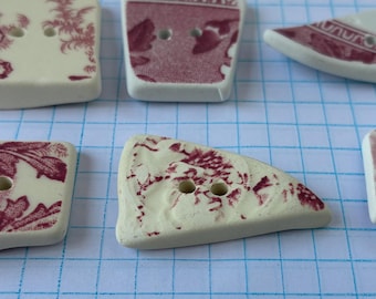 1 sea pottery inspired button,  rescued red transferware china, broken floral china handcrafted artisan button