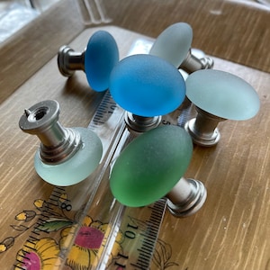 1 Sea glass knob.  Translucent w/ a hint of green, aqua blue or deep green beach glass inspired vintage glass 1&quot; drawer pull cupboard  knob