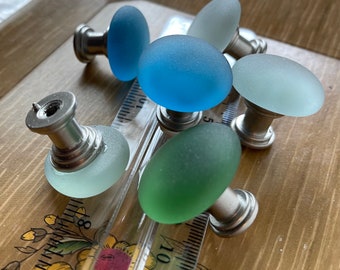 1 Sea glass knob.  Translucent with a hint of green, aqua blue or deep green beach glass inspired vintage glass drawer pull cupboard  knob,