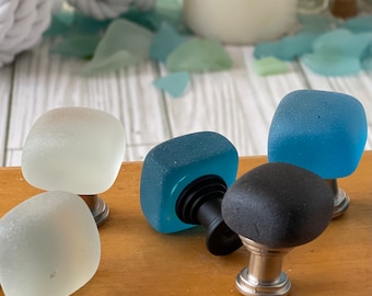 seaglass drawer pull (1) black, white,  or ocean blue  cultured seaglass cupboard handle. Remodel, update kitchen, bath, office, Furniture.