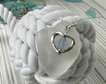 Heart shaped white beachglass pendant, seaglass inspired vintage glass.  Hand made sea glass heart necklace. Gift idea