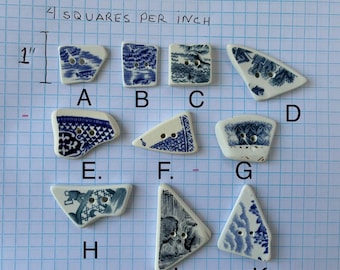 1 sea pottery inspired button, blue and white rescued transferware china, broken china.  Handcrafted buttons