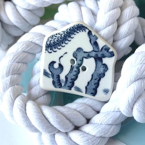 1 artisan button, sea pottery inspired button, blue willow rescued transferware china, broken china button, toggle.Hand made pottery button.