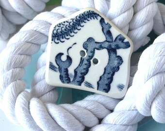 1 artisan button, sea pottery inspired button, blue willow rescued transferware china, broken china button, toggle.Hand made pottery button.
