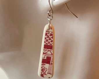 PINK seaglass inspired earrings vintage red and white floral  transferware china, lightweight  retro dinnerware jewelry. Sterling silver.
