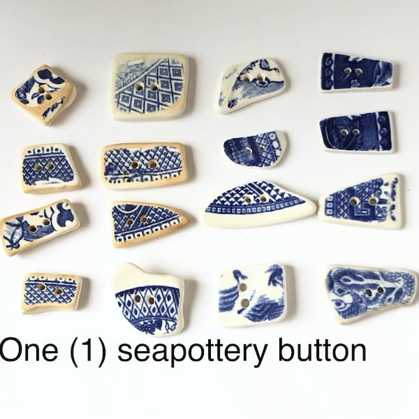 1 sea pottery inspired button,  rescued blue willow china, broken china.