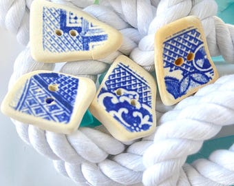 sea pottery inspired button set, blue and white rescued transferware china, broken china.  Handmade buttons. Seamstress gift.