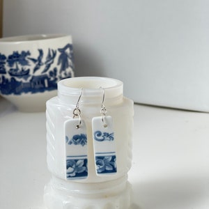 Blue and white seaglass inspired earrings vintage floral  transferware broken china.  Sea pottery.  Handmade jewelry