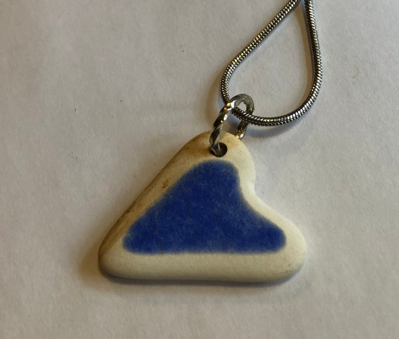 one of a kind Heart sea glass inspired blue and white tumbled pottery pendant beach pottery heart