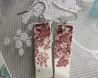 PINK seaglass inspired earrings vintage red and white floral  transferware china, lightweight  dinnerware jewelry