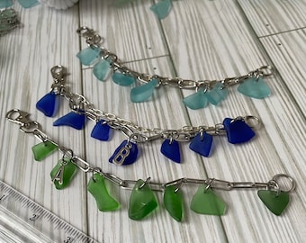 seaglass charm bracelet in your choice of  blue green or aqua on 8” silver tone chunky metal paper clip link chain. Personalizable